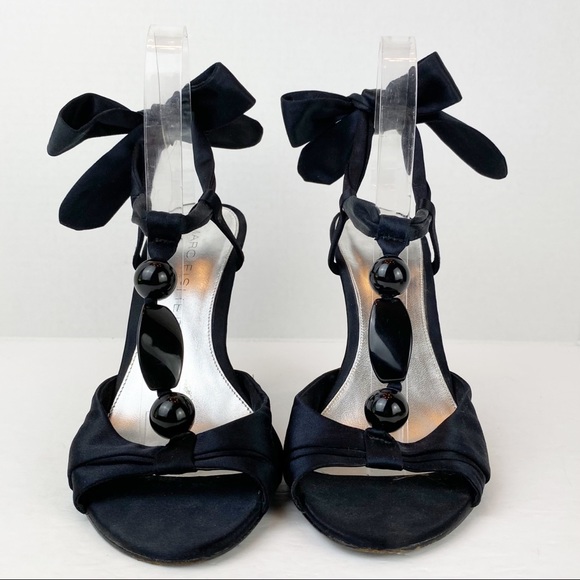 Marc Fisher Black Satin Beaded Ankle Tie Sandals, 8.5 - Picture 4 of 8